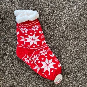 NEW Sweet Home Slippers Socks w/ Grips Red & White Snowflakes Mid Calf 16"